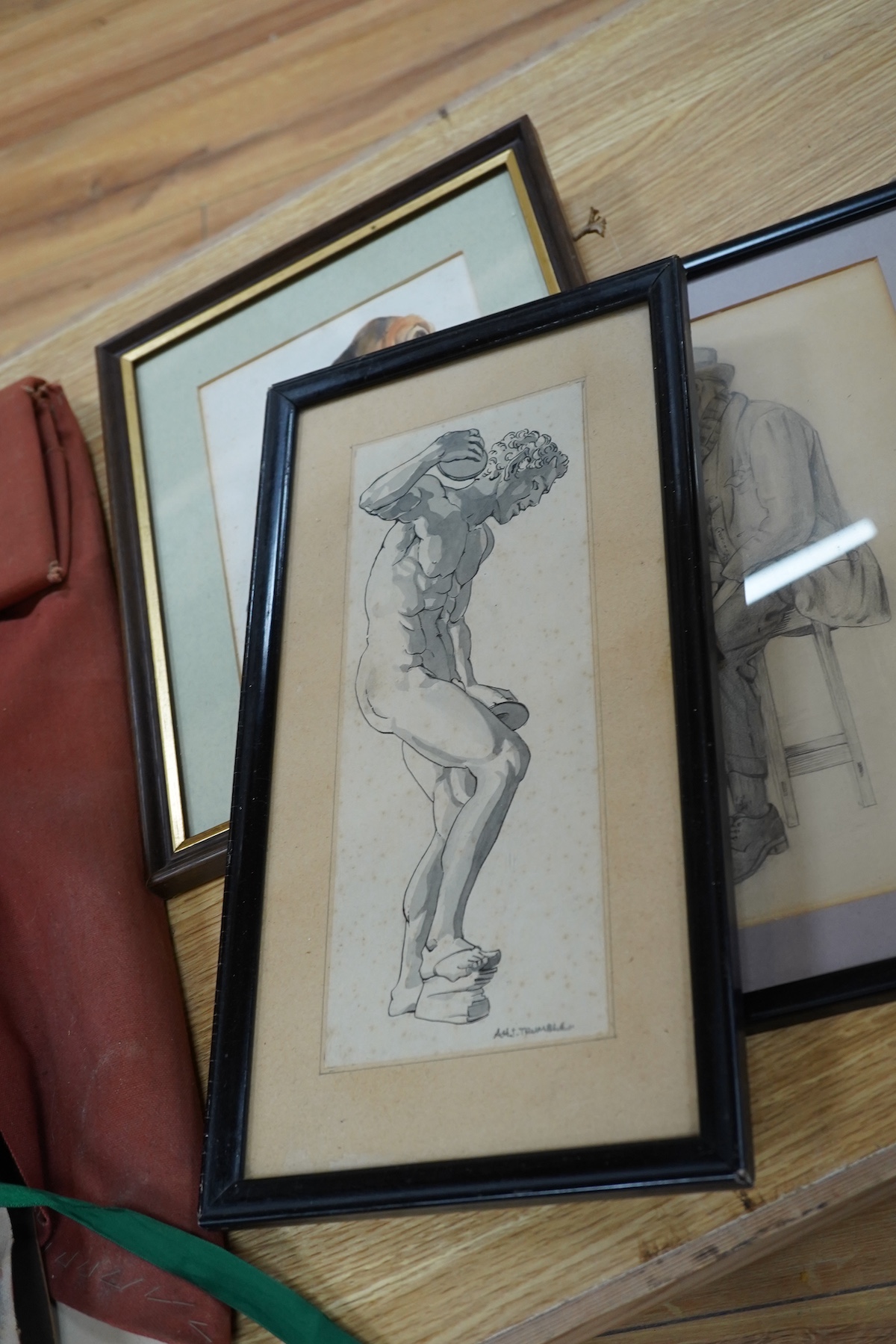 J. Trumble (20th. C), a large folio of watercolours, pencil sketches and oil paintings, to include landscapes and still lifes, together with three framed examples to include a Bloodhound, some signed, largest 45 x 36cm.